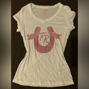 white pink rhinestone sparkle true religion y2k T-Shirt with Pink Logo